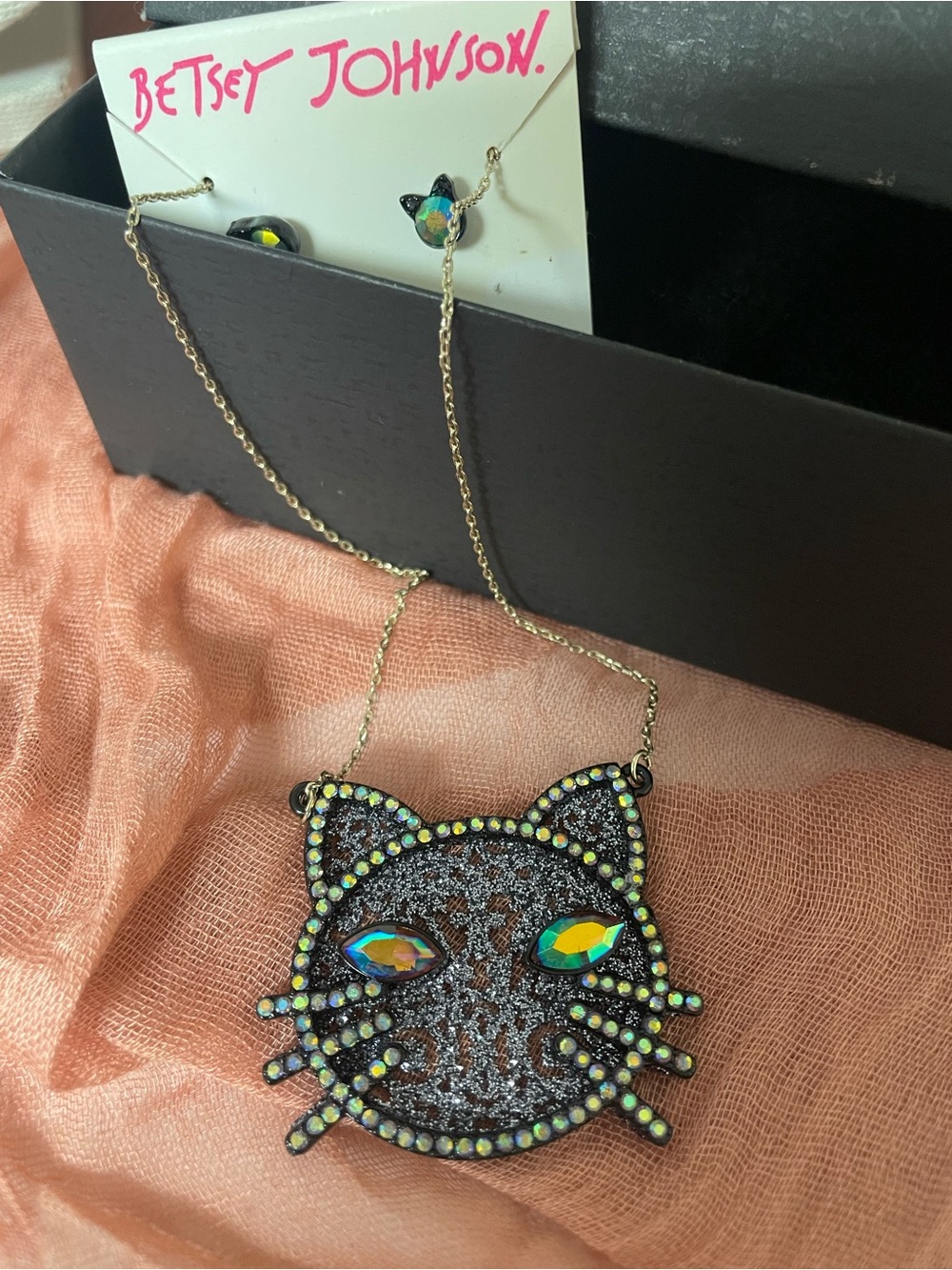 Betsey Johnson Black Cat Crystal Pendant Necklace - w/ matching stud earrings